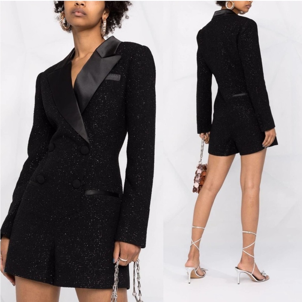 SELF-PORTRAIT Black Metallic Boucle Double Breasted Tuxedo Romper US 2